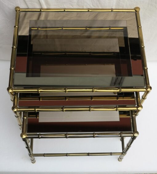 1950/70 Series of 3 Nesting gilted bronze tables Modél Bamboo Adnet Jacques top silvered frame
