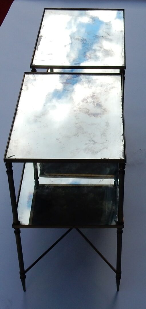 1950/70' Paire de Bouts de Canapés Bronze, 2 Plateaux Miroirs Oxydés Style Maison Baguès Entretoise Avec Toupie – Image 3