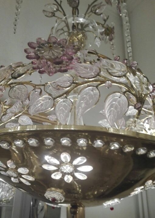 1970' Lustre en Laiton Doré Style Maison Bagués Feuilles en Verre Colorés – Image 3