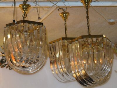1970 ' 3 Gilted Iron and Lucite Chandeliers shape with shells entrelats lanterns Style Design With Sticker Orion