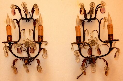 1950/70' Pair of sconces in iron with cristal 2 colours  in the style of  Maison Bagués