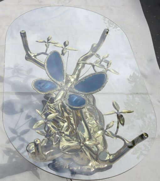 1970' Lighting Coffee table in the Bonsai on golden bronze sand dune Willy  Daro or Duval Brasseur with butterfly in bronze  and fly in blue agate - Image 7