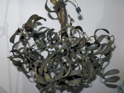 1900'  Ball of Mistletoe Art Nouveau Bronze has 4 Bulbs and Pearls Opaline 42 Diameter