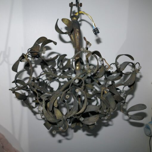 1900' Lustre Boule de Gui en Bronze Art Nouveau à 4 Lampes Diamètre 42 cm