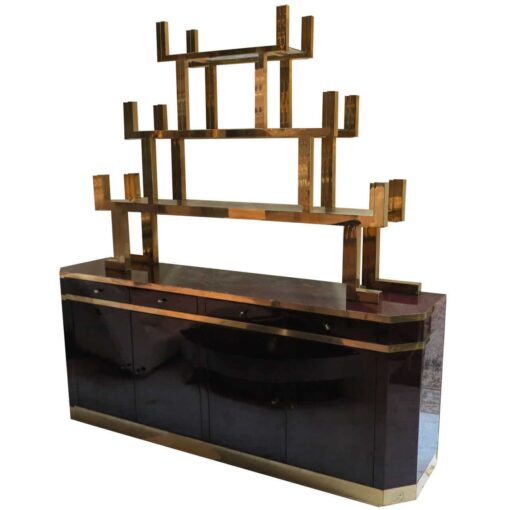 1970' Buffet Style Aldo Tura Laqué Violine Roméo avec Étagère en Laiton Doré Japonisante