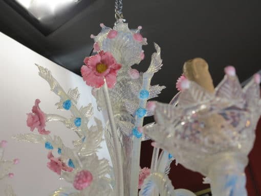 1950' Lustre Murano à 6 Lumières en Verre Bleu Opalescent et Pâte de Verre Rose – Image 3