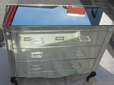 Commode art deco miroir 3 tiroirs 6 poignées verre bagues argentées