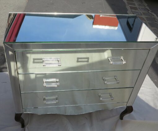 Commode art deco miroir 3 tiroirs 6 poignées verre bagues argentées