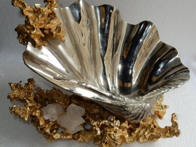 1970/80' Coupe Bénitier Par Claude Victor Boeltz Bronze Argenté et Doré Avec Cristal de Roche
