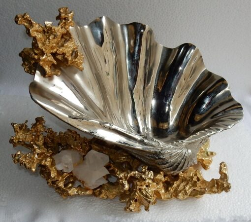 1970/80' Coupe Bénitier Par Claude Victor Boeltz Bronze Argenté et Doré Avec Cristal de Roche