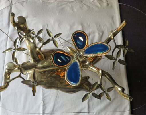 1970' Lighting Coffee table in the Bonsai on golden bronze sand dune Willy  Daro or Duval Brasseur with butterfly in bronze  and fly in blue agate - Image 6