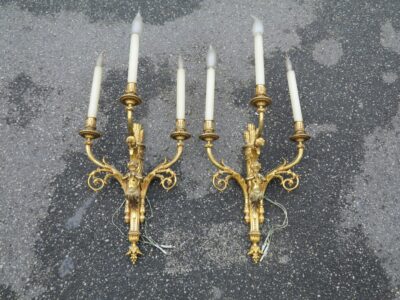 1950' Pair of bronze sconces cherub playing 2 trumpets