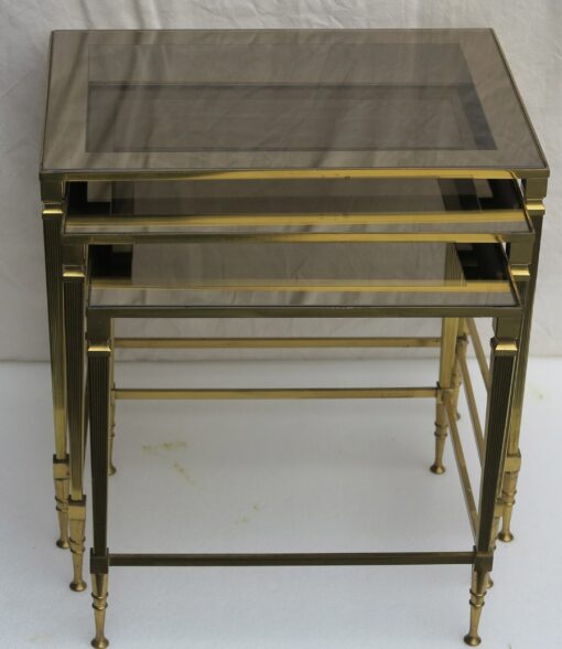 1950/70 Series of 3 Nesting gilted bronze tables top smoked glass silvered frame - Image 2