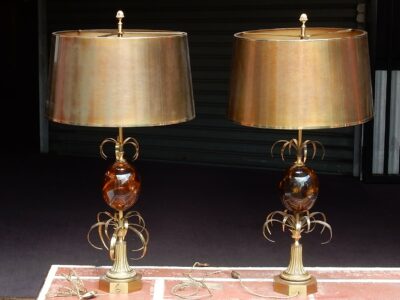 1950/70 Pair of Bronze Lamps and Egg Amber Way Signed  Charles