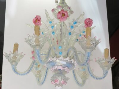 1950' Murano Chandelier Has 6 Blue Glass Lights Opalescent and Pink Molten Glass