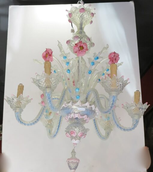 1950' Lustre Murano à 6 Lumières en Verre Bleu Opalescent et Pâte de Verre Rose