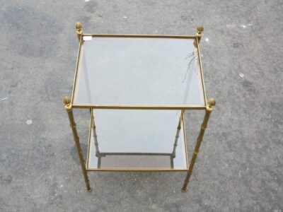 1950/70' Shelf or  end of sofa in bronze Maison Bagués Bamboo model with tops in smoked glass with pin cones 30 X40 X H 66 cm