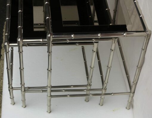 1950/70 Series of 3 Nesting tables chromed brass Model Bamboo Adnet Jacques top silvered frame - Image 4