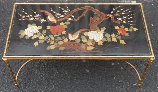 1950/70' Table Basse Bronze Décor Palmier, Plateau Laque de Chine Style Maison Baguès – Image 7