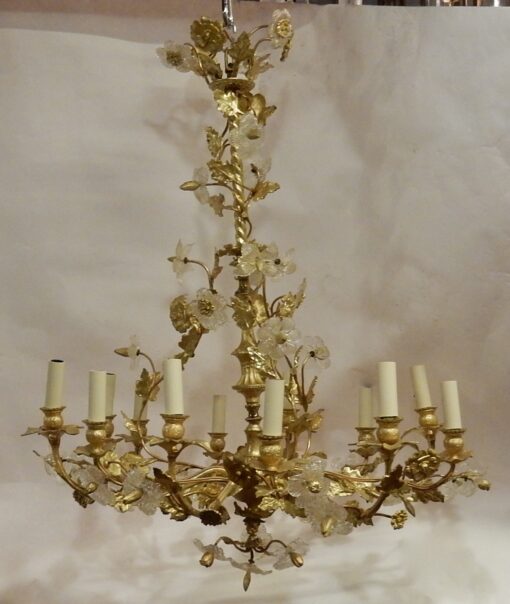 1880' Lustre en Bronze Doré Décor Floral 12 Lumiéres