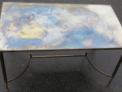 1970' Table Basse en Bronze avec Entretoise Maison Baguès avec Plateau Miroir Vieilli Oxydé