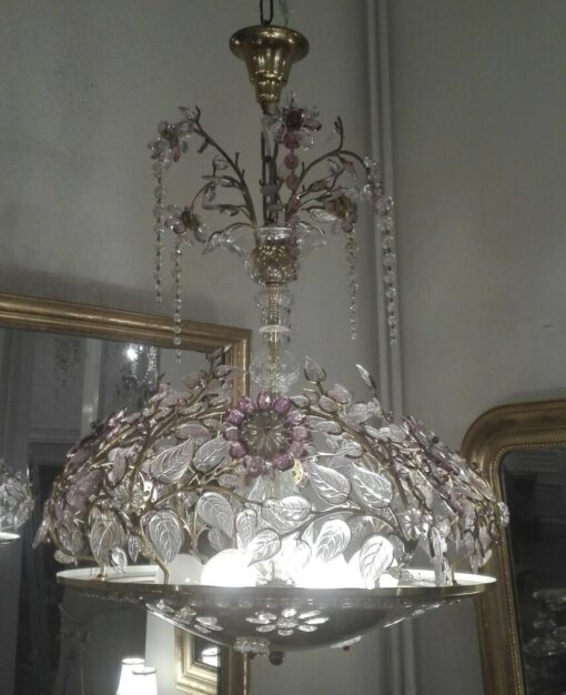 1970' Lustre en Laiton Doré Style Maison Bagués Feuilles en Verre Colorés – Image 4