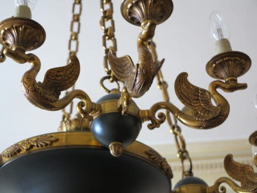 1900 ' Chandelier   in the style of empire bronze golden and green patina swan - Image 4