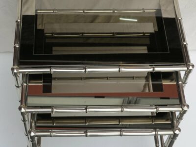 1950/70 Series of 3 Nesting tables chromed brass Model Bamboo Adnet Jacques top silvered frame