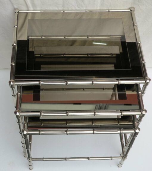 1950/70 Series of 3 Nesting tables chromed brass Model Bamboo Adnet Jacques top silvered frame