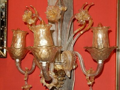 1950/70 ' Pair of  Wall Lamps has 3 Arms of  Light, Crystal of Murano With  Straws of Gold 58 H X 50 cm