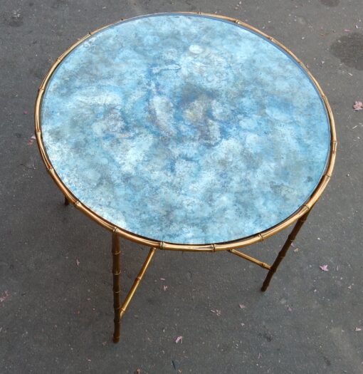 1950,70' Round Pedestal Table Model  Bamboo Maison Bagués Top Oxyded And Olded Mirror - Image 2