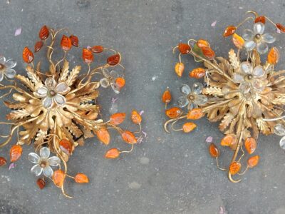 1970' Pair Of  Ceiling Light or Wall Lamp with Flowers and Leaves in the Style of Maison Bagués With Orange Color Leaves