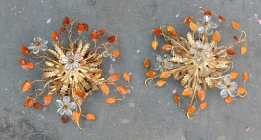1970' Pair Of  Ceiling Light or Wall Lamp with Flowers and Leaves in the Style of Maison Bagués With Orange Color Leaves