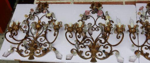 1900' Series of 4 Wall Lamps has 4 Arms of Light N3 With Ceramic Flowers - Image 2
