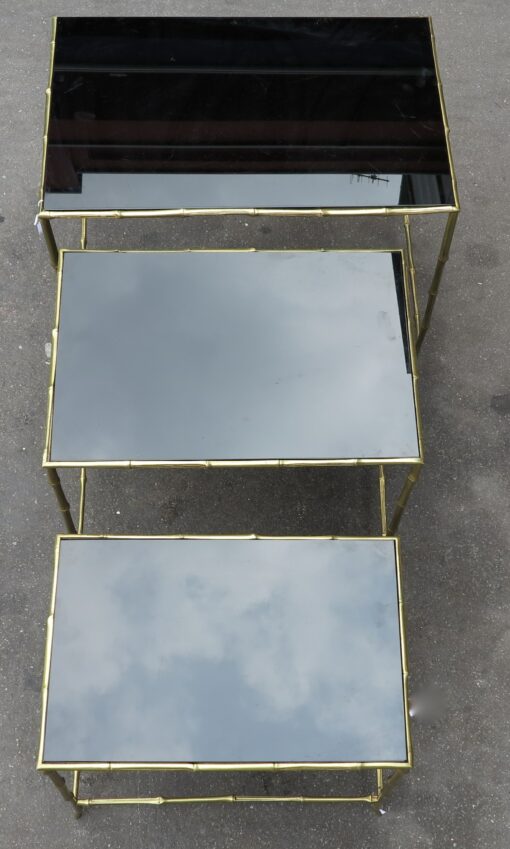 1950/70 Series of 3 Nested Tables Model Bamboo with Black Opaline Maison Baguès