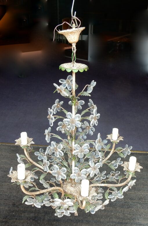 1970 "Chandelier  Painted Green and White patined Iron in the Style of Maison Bagués