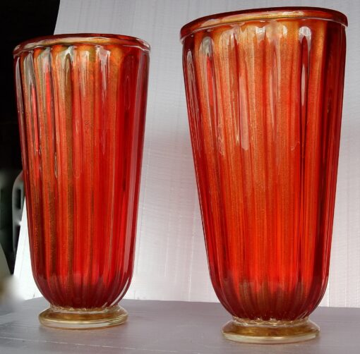 1970' Paire de Vases Cristal Murano Rouge et Or Toso Signés – Image 3