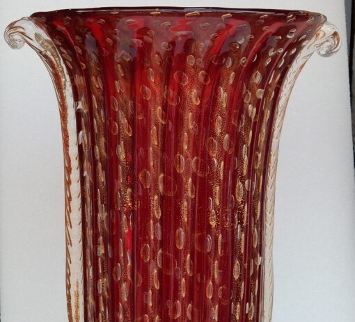 1970' Vase Cristal Murano Rouge Rubis et Or Toso Signé – Image 3
