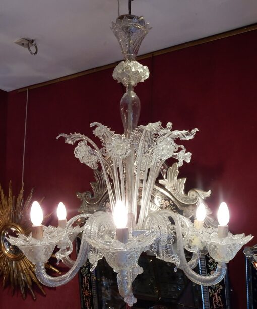 1950' Lustre Cristal Murano  6 Branches Coupoles a Bord Montant – Image 4
