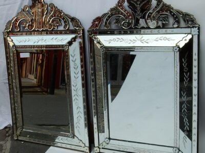 1950's Pair of Venetian Mirrors with Floral Decor and Pediment