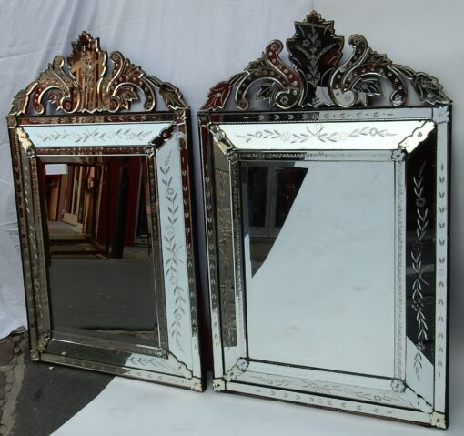 1950's Pair of Venetian Mirrors with Floral Decor and Pediment