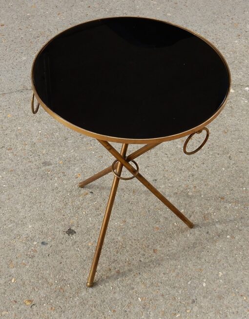 1950/70's Jacques Adnet Brass Tripod Pedestal Table With Black Glass Tray - Image 3