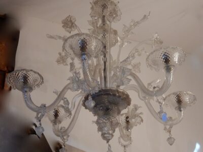 1950' Murano Crystal Chandelier 6 Branches Cupolas On Board Falling Rings Adorning Arms With Bells
