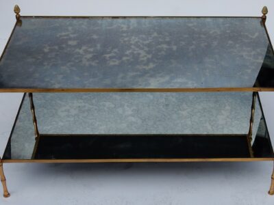 1970' Table Basse Maison Baguès Décor Bambou en Laiton et Miroir Oxydé