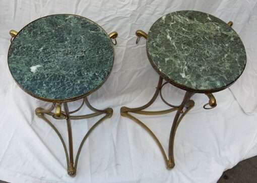 1950/70 Paire de Guéridons Style Maison Jansen Bronze Doré Plateau Marbre Veiné Vert – Image 7