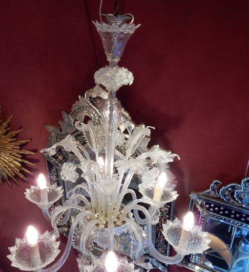 1950' Lustre Cristal Murano  6 Branches Coupoles a Bord Montant – Image 8