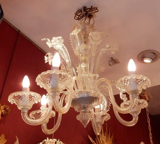 1950' Lustre Cristal Murano  6 Branches, Coupoles a Bord Renversé – Image 8
