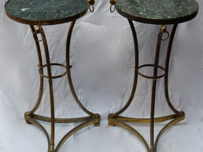 1950/70 Paire de Guéridons Style Maison Jansen Bronze Doré Plateau Marbre Veiné Vert