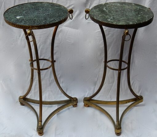 1950/70 Paire de Guéridons Style Maison Jansen Bronze Doré Plateau Marbre Veiné Vert