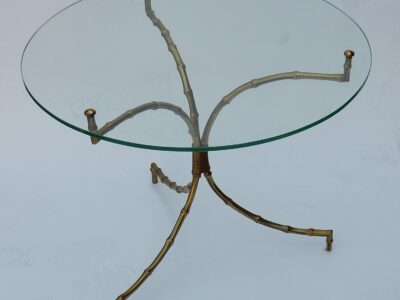 1970' Table Guéridon Bambou Maison Baguès en Laiton avec Plateau en Verre